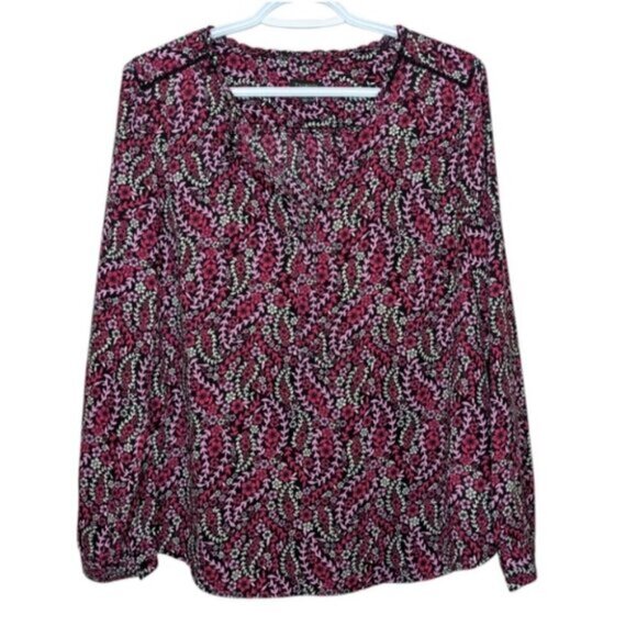 Talbots Black Pink Red Floral Print Long Sleeve Lace Detail Blouse Shirt Women S - Picture 2 of 11